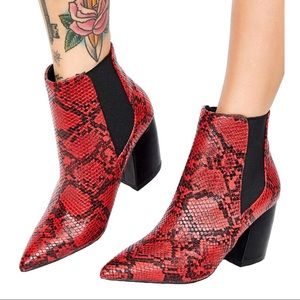 Red Snake Skin Chelsea Pointed Toe Ankle Boots